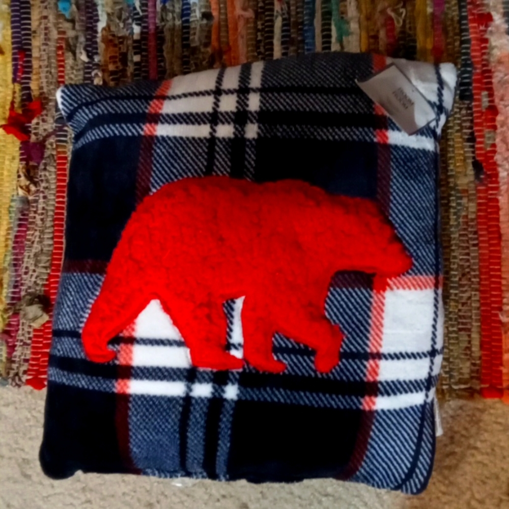 Seasonal plaid pillow with red bear